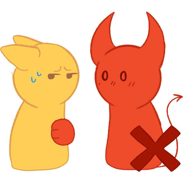 Two humanoid beings face each other. The individual on the left has an unhappy / uncomfortable expression: eyes looking sideways, canine ears flattened and pointing back. The individual on the right has a neutral wide-eyed expression. They are touching the midsection of the individual on the left. A red X overlays the bottom right corner of the image. The individual on the left is sandy gold in color. The one on the right is orange-red with two curved horns and a skinny pronged tail.